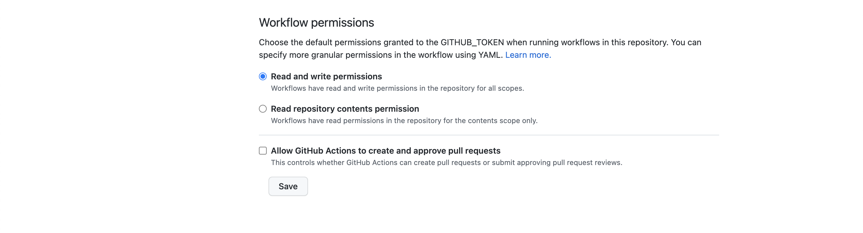 GH workflow settings