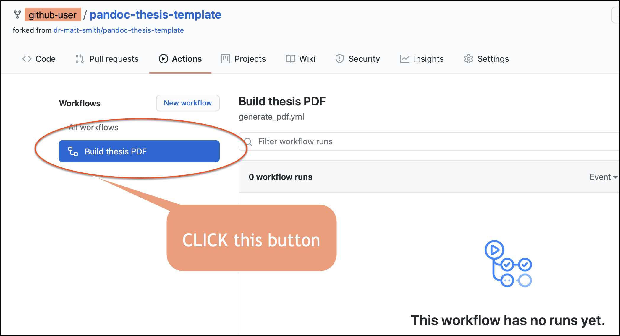 the FIRST time you must click to run the Github actions workflow to Build Thesis PDF