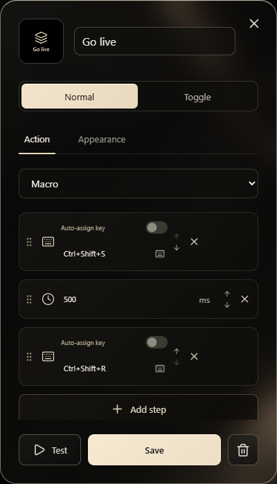 Actual macro editor showing two hotkeys separated by a 500 millisecond delay
