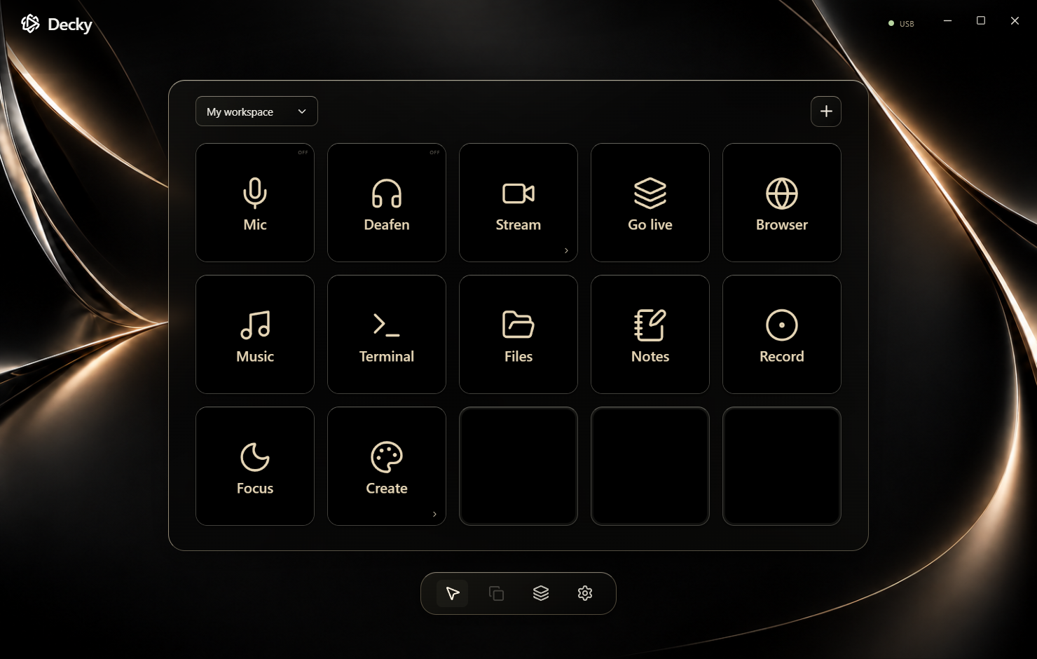 The actual Decky app with an example workspace for audio, streaming, tools, and focus
