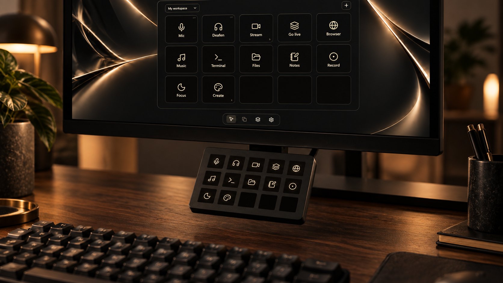 Concept desk scene showing Decky mounted beneath a monitor with its Windows app on screen