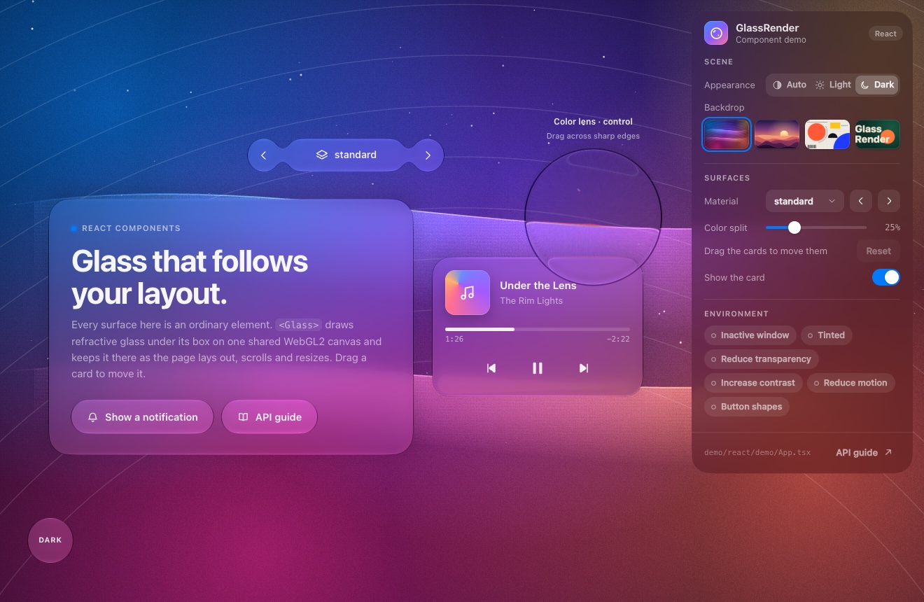 The React component demo: a glass card, a music player, a merged toolbar and a settings panel over an aurora wallpaper