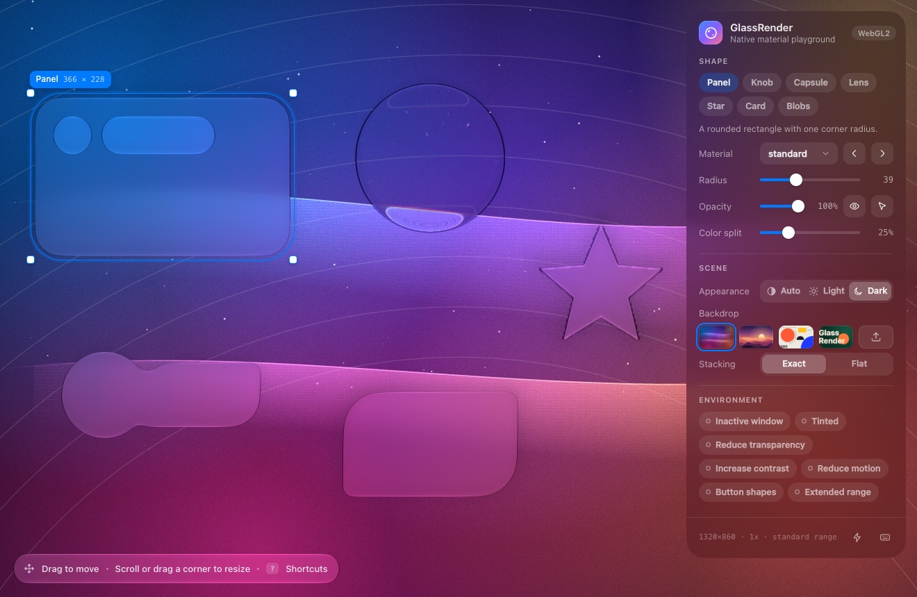GlassRender core playground over large background lettering