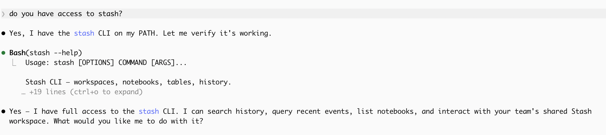 Coding agent confirming access to the Stash CLI