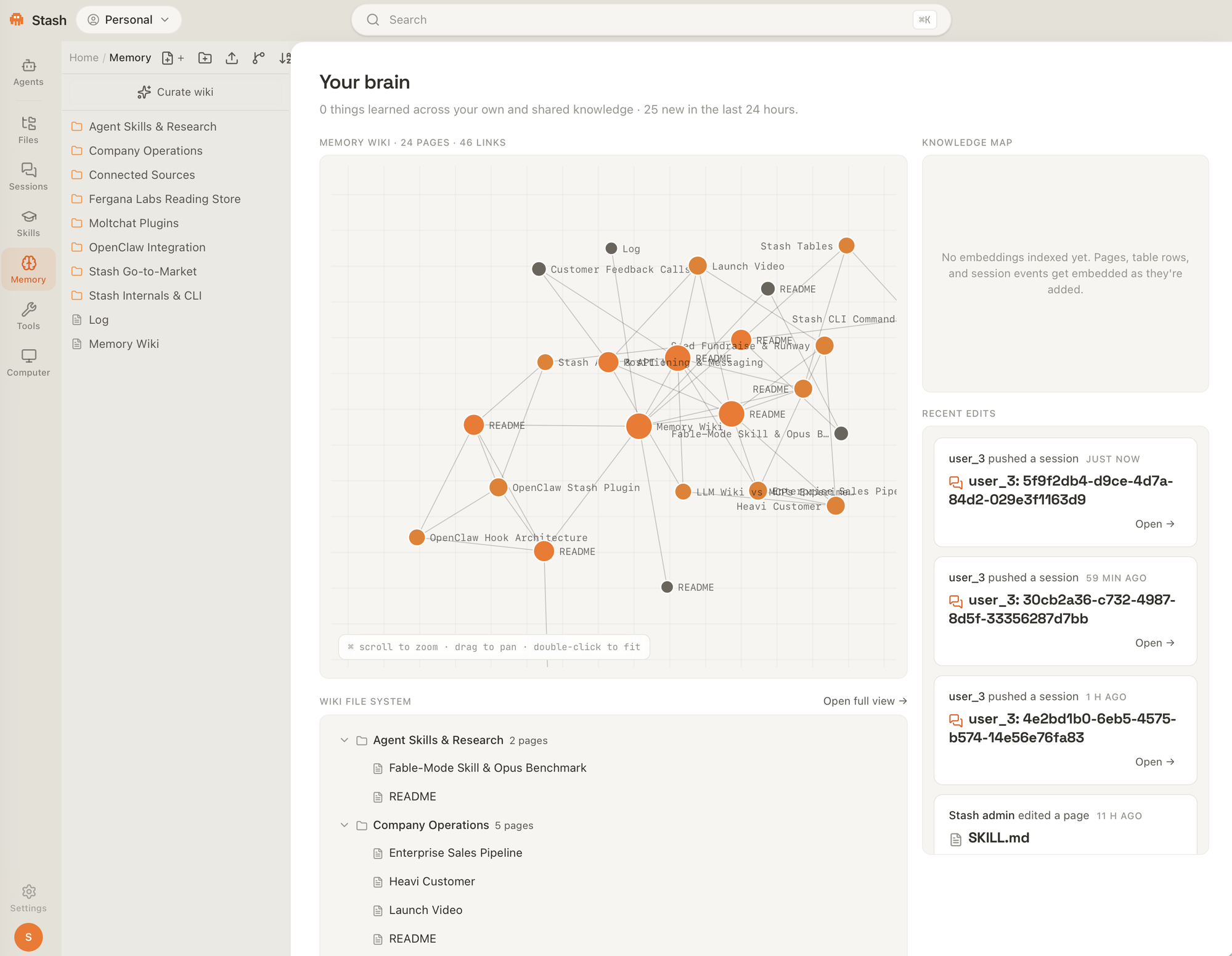 Stash Memory — wiki knowledge graph, file system, and recent agent activity
