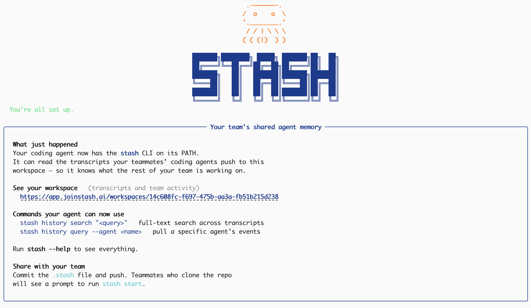 Stash welcome screen after install
