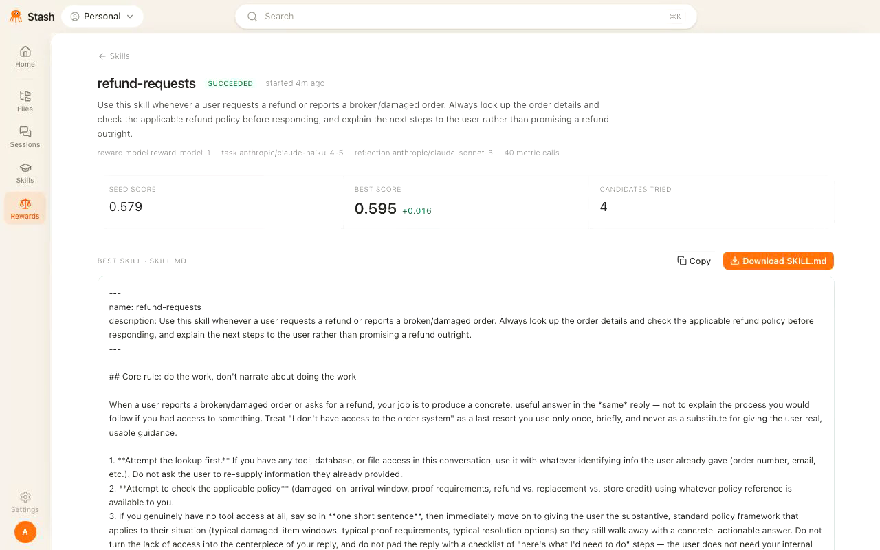 Generated refund-requests skill showing candidate scores, reusable instructions, and a Download SKILL.md button