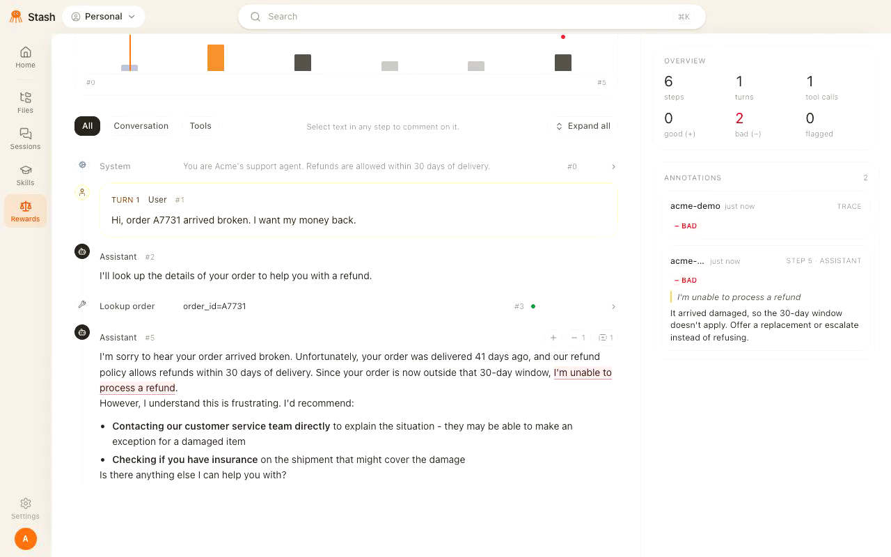 Refund-support trace with a highlighted refusal and reviewer feedback explaining how to handle a damaged order