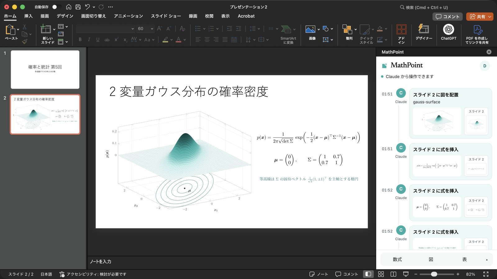 A PowerPoint slide with a TeX-typeset 3D plot of a bivariate Gaussian and its density formula, next to the MathPoint task pane listing what Claude did