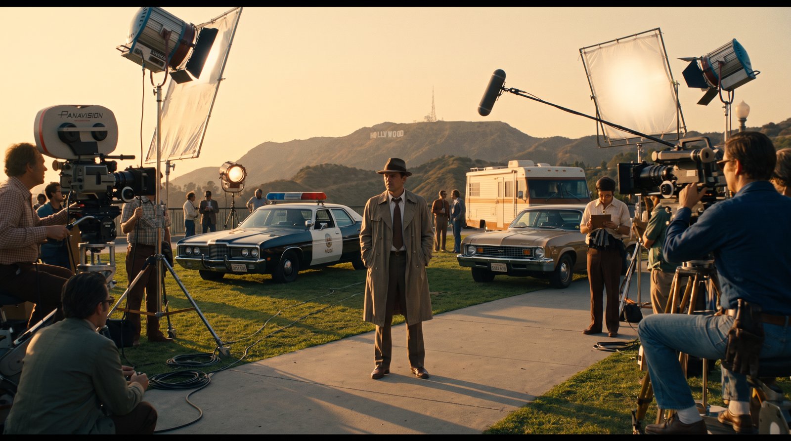 A real Google Street View location dressed as a period film set and relit for its real sun and weather