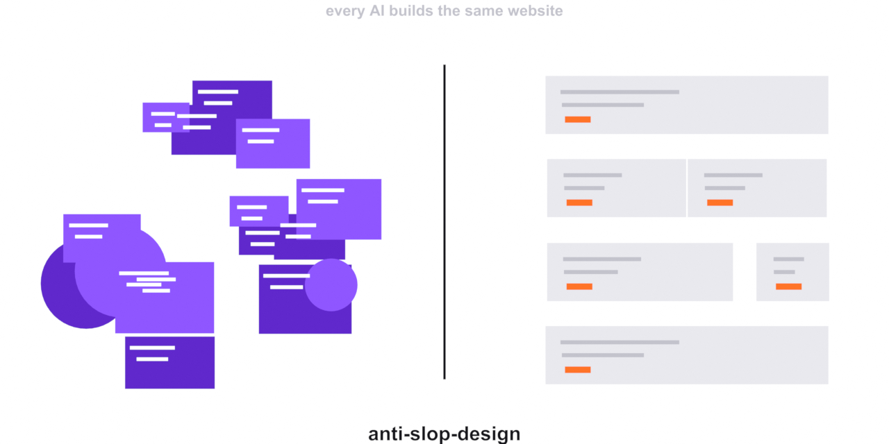 Left: a pile of overlapping purple cards. Right: an ordered grid with one accent colour.