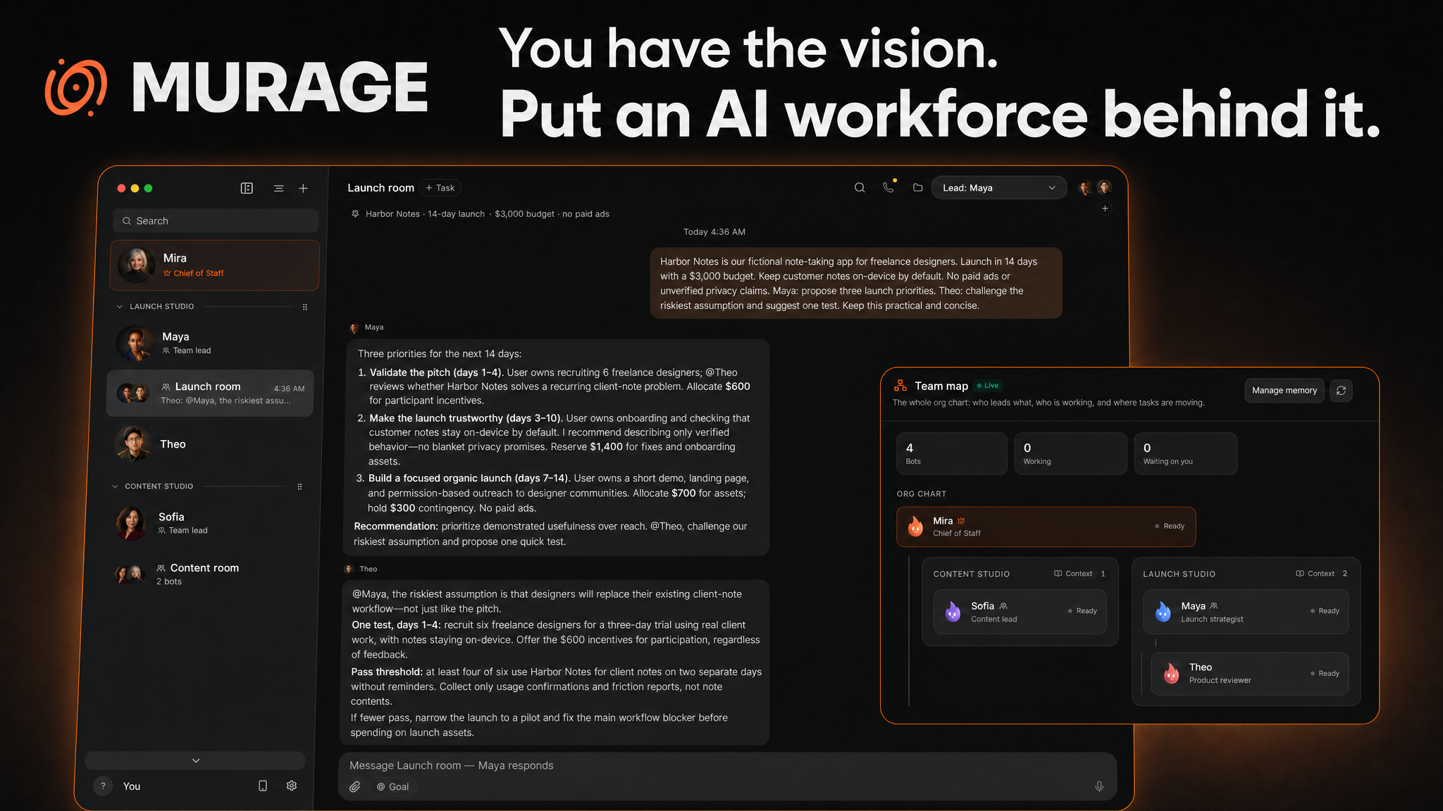 Murage. You have the vision. Put an AI workforce behind it. Dark-mode team conversation, Chief of Staff and Team map.