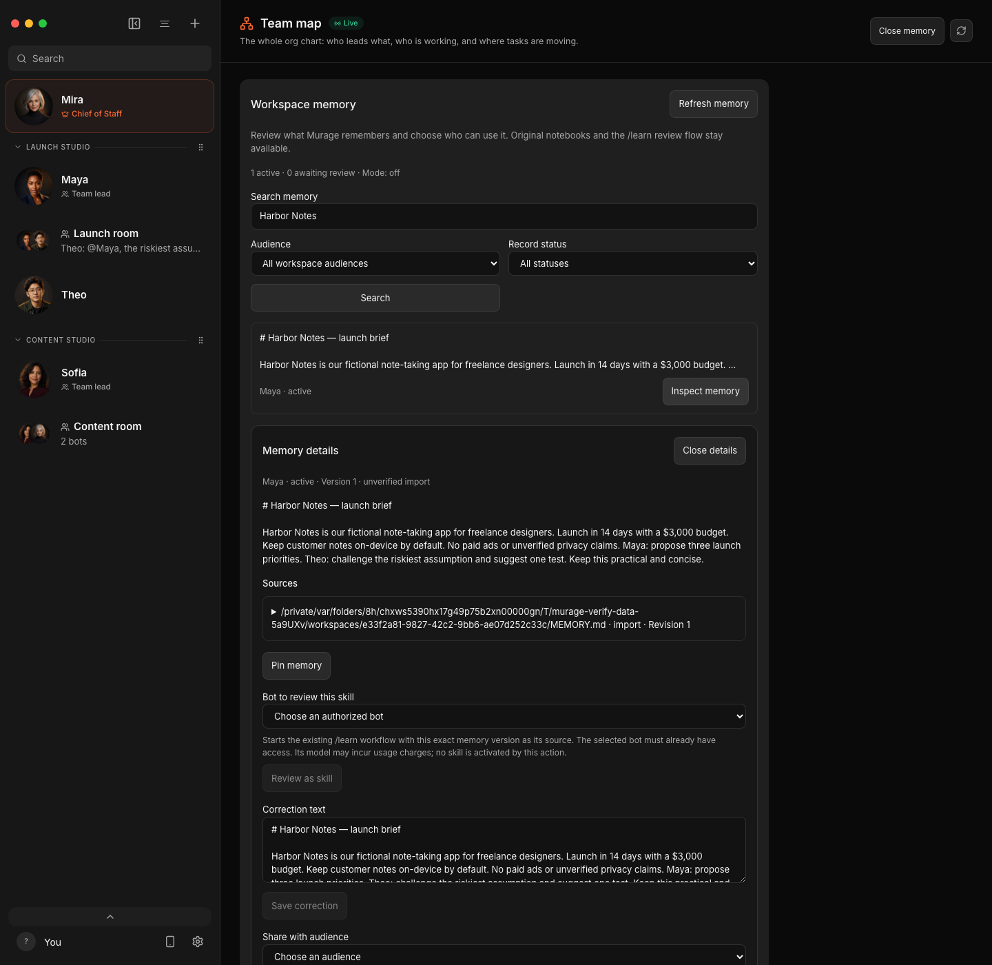 Murage memory inspection showing an imported launch brief with its source and audience