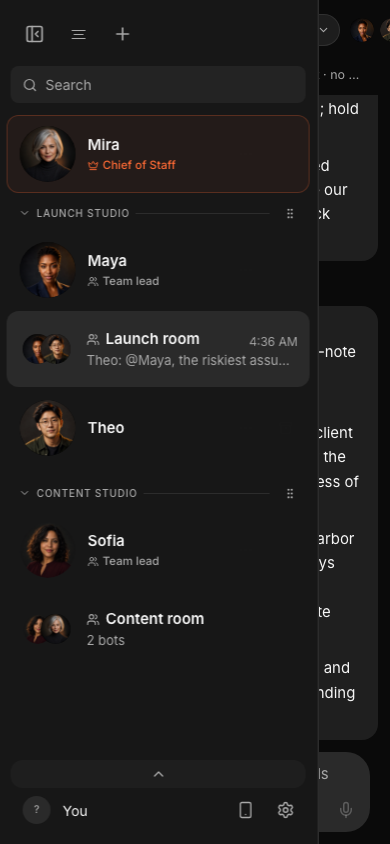Murage mobile navigation in dark mode, showing the Chief of Staff, team leads, custom avatars and group conversations