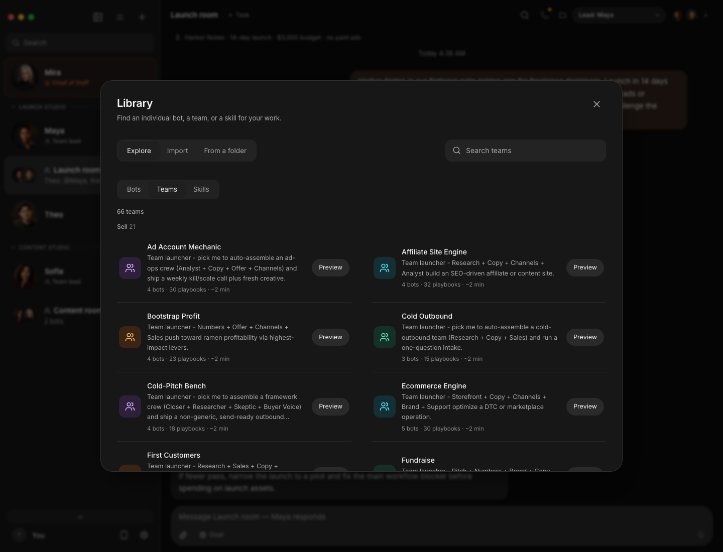 Murage’s prebuilt team library in dark mode, with outcome-focused teams and their included playbooks