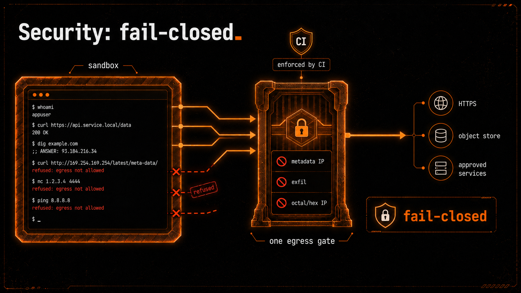 Security: fail-closed — sandbox plus one CI-enforced egress gate