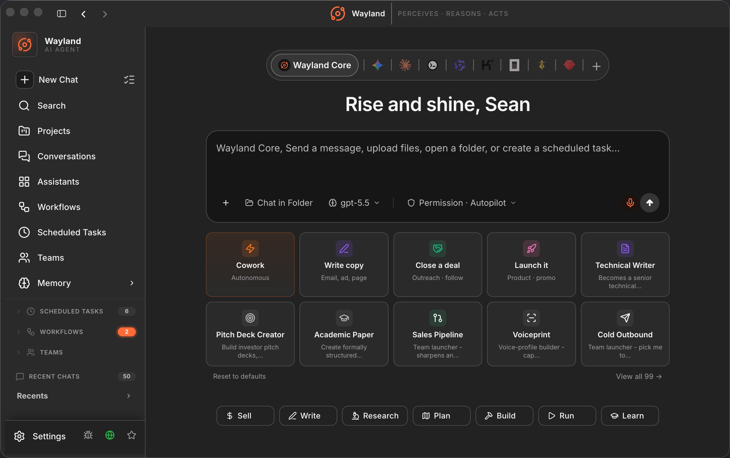 Wayland desktop dashboard, the command center for every agent, with assistants, workflows, and teams