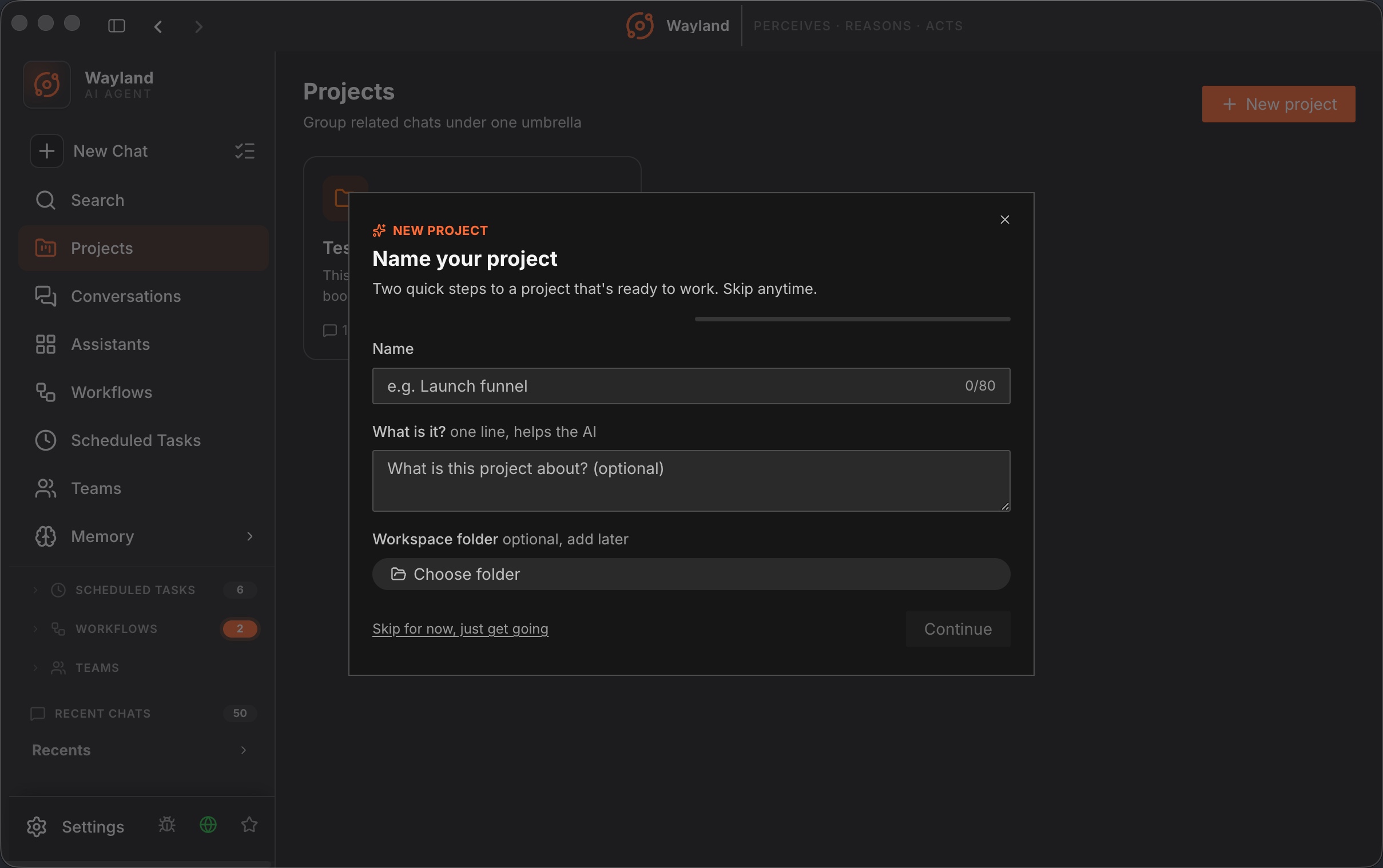 Wayland project workspace with scoped files, chats, and memory