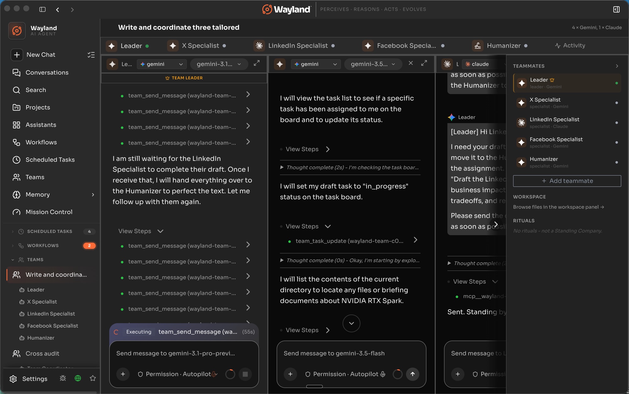 A Wayland team in action: a leader coordinating X, LinkedIn, and Facebook specialists plus a Humanizer, each running its own model, working the task live across shared columns