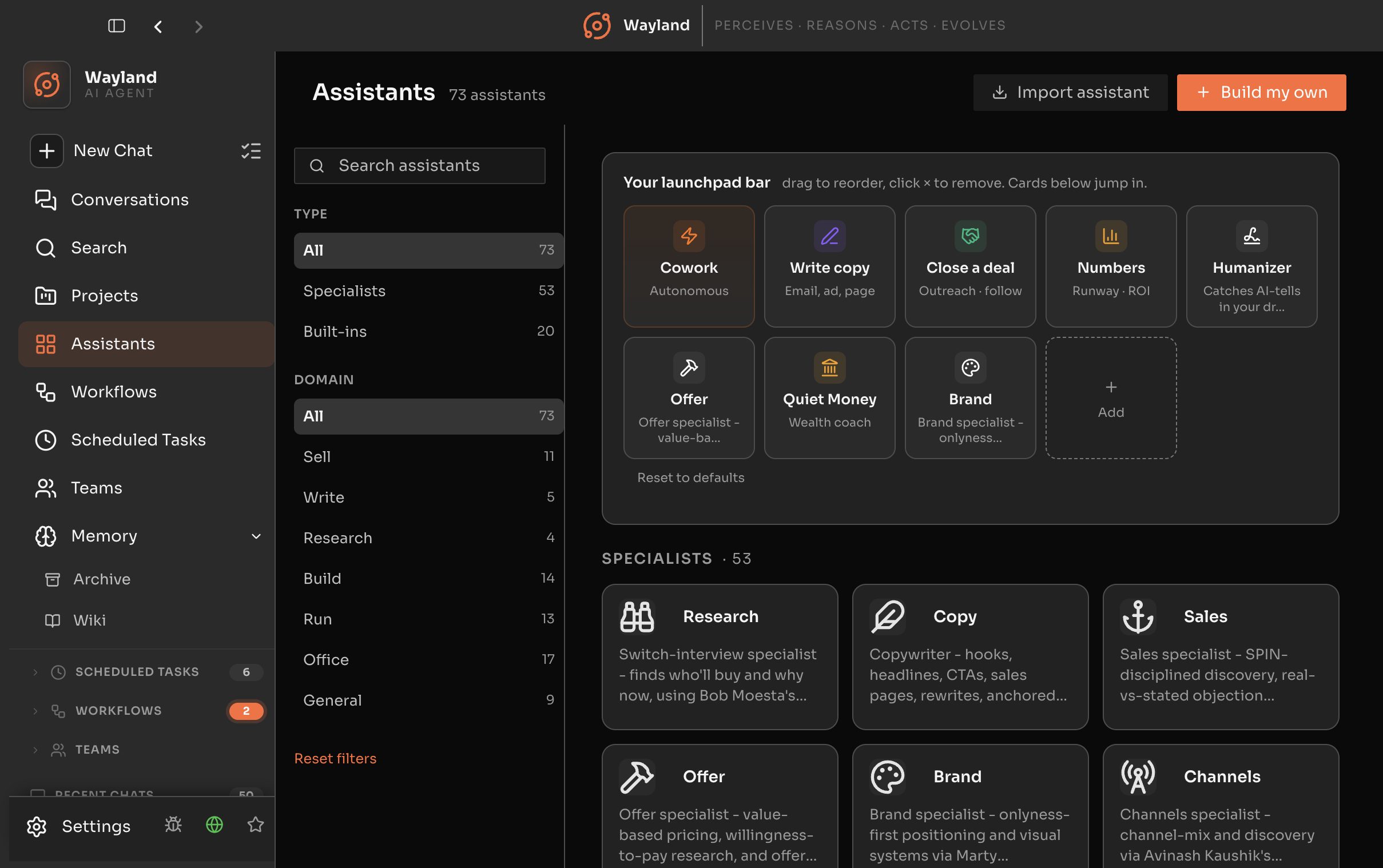 Wayland assistants library showing pre-trained domain specialists in a browse grid
