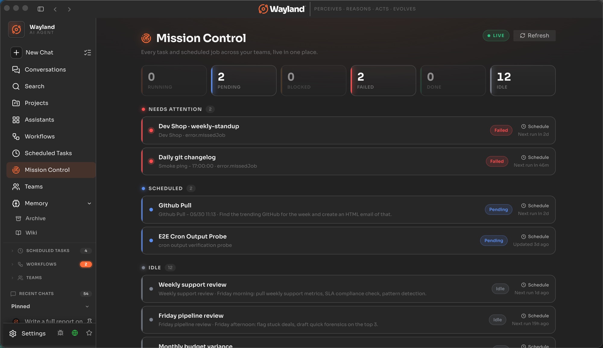 Wayland Mission Control, a live command center showing every team task and scheduled job grouped by status with real-time counts