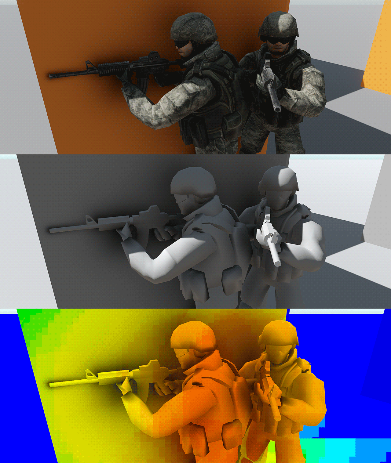 Top to bottom:Shaded view, ambient only, capsule/cluster debug view