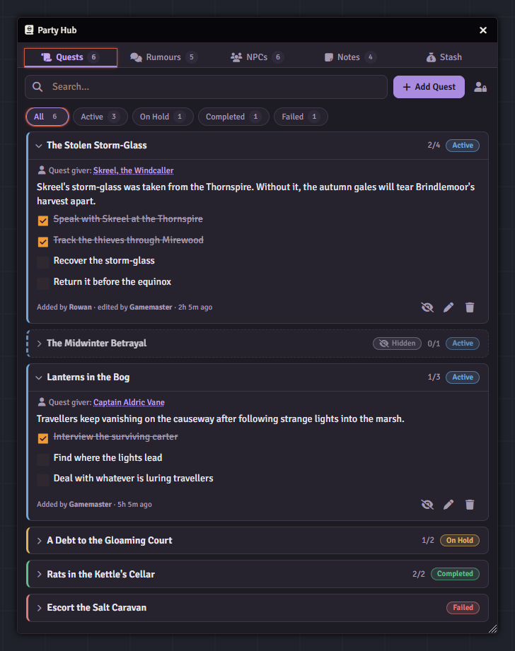 Quests tab