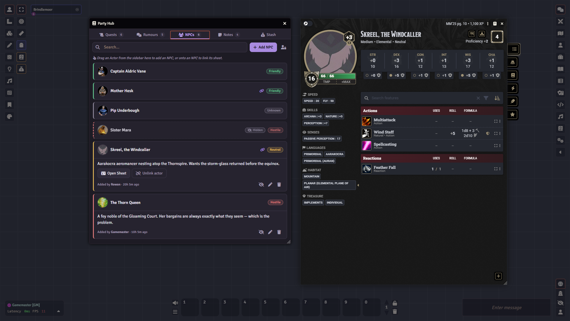 NPCs tab with a linked actor sheet