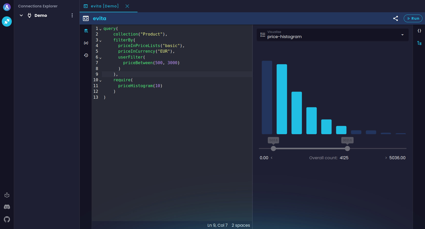 Narrowed histogram visualization in console