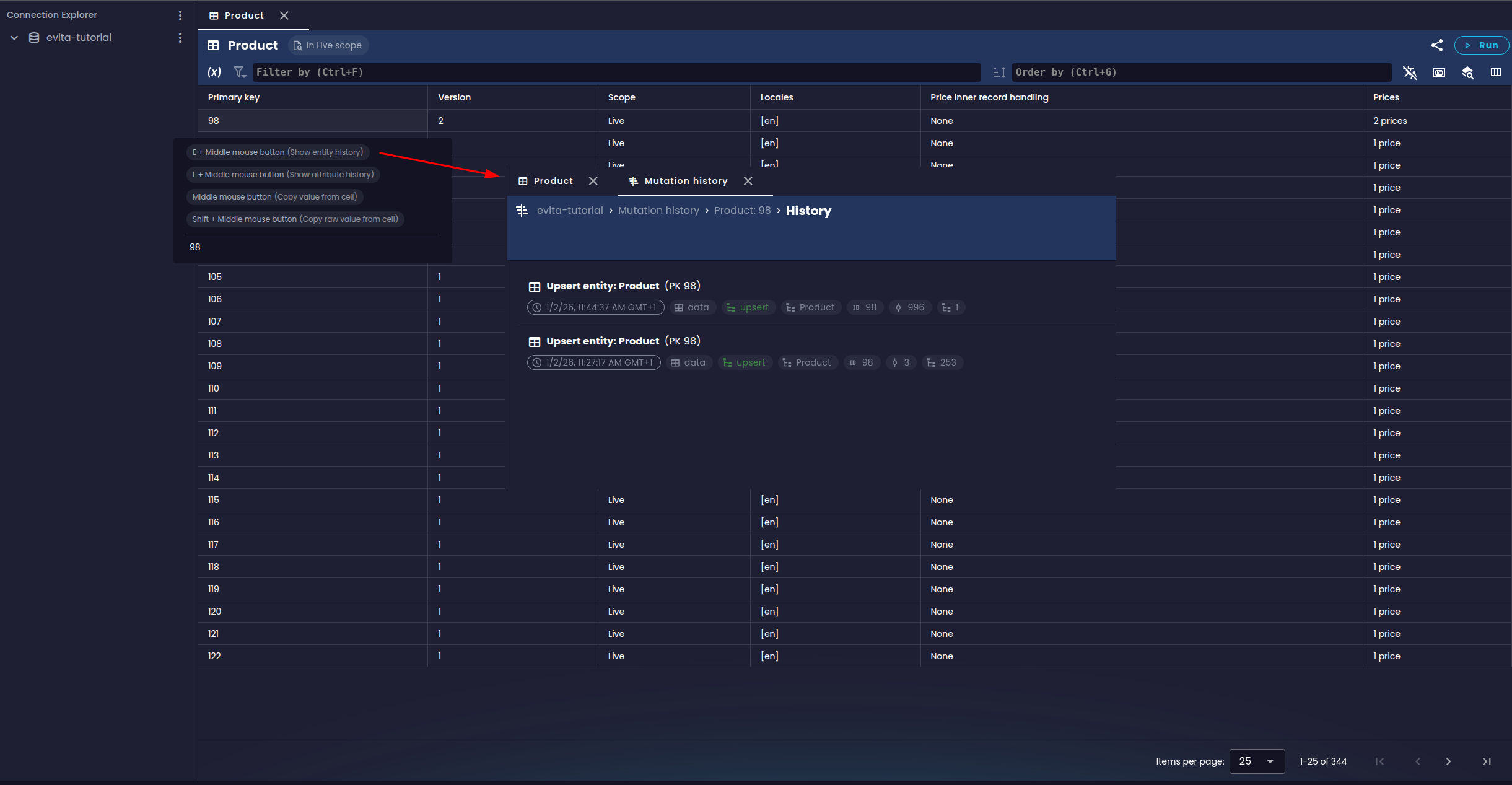 Viewing entity history from the entity grid