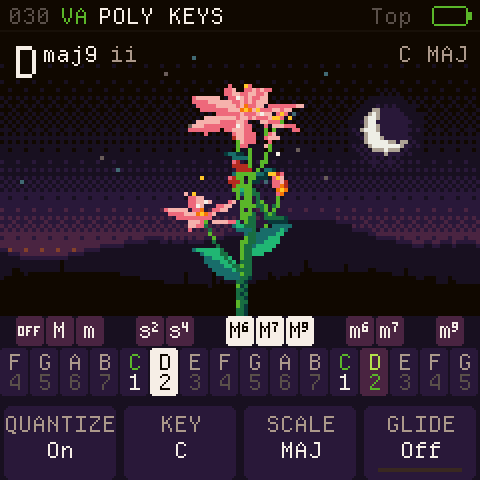 CoralFlower home screen showing the chord name Dmaj9 above a pink flower and a row of chord keys