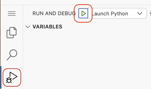 run and debug tab pointing to start button