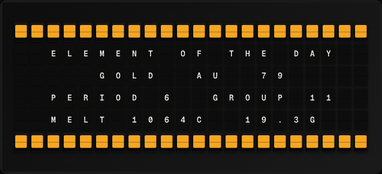 Element of the Day displayed on a split-flap board