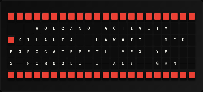Volcano Activity displayed on a split-flap board