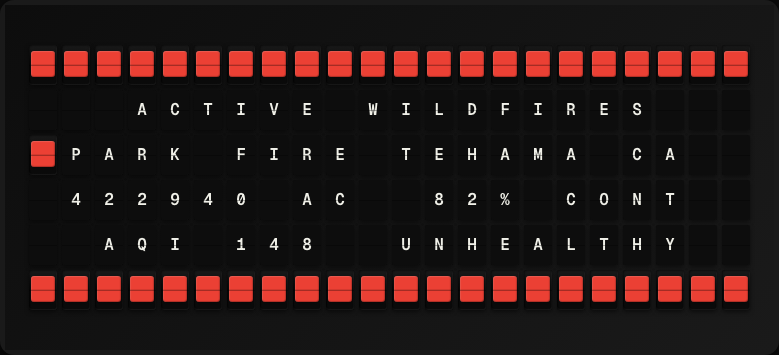 Wildfire Monitor displayed on a split-flap board
