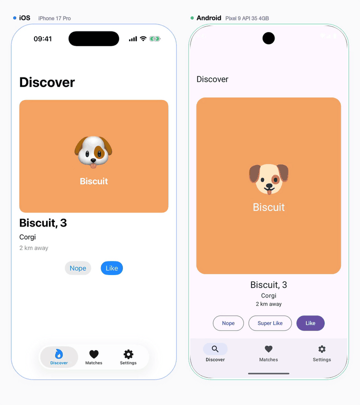 Side-by-side video: iOS shows an It's a match alert after liking, Android silently advances