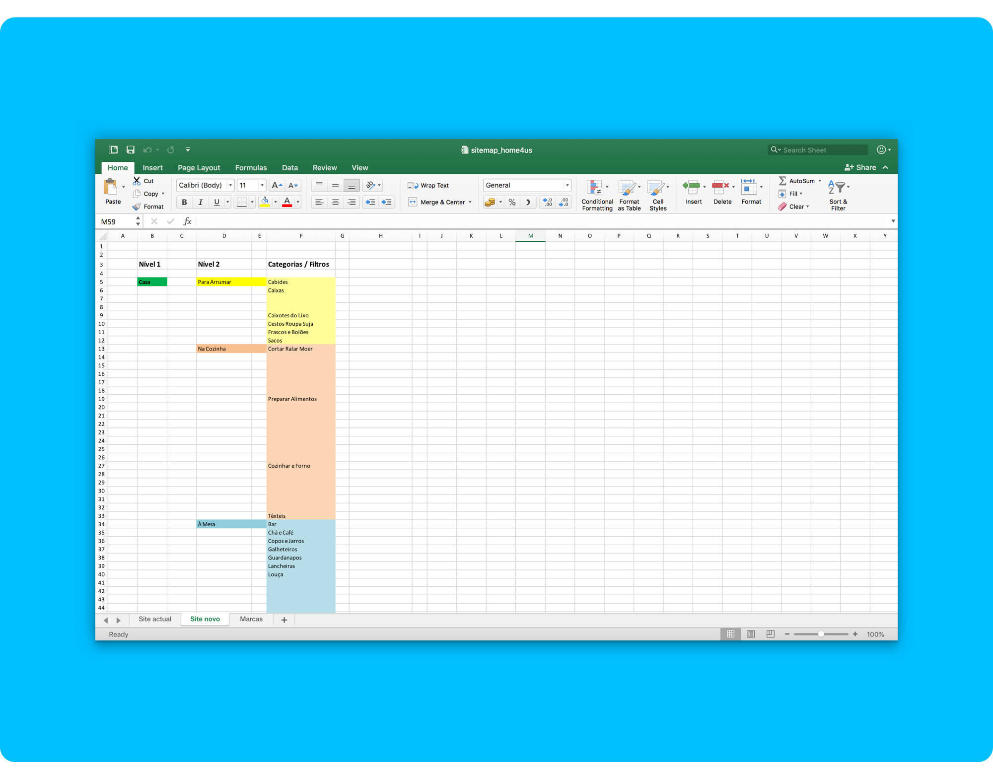 Excel spreadsheet with the new information architecture — final version