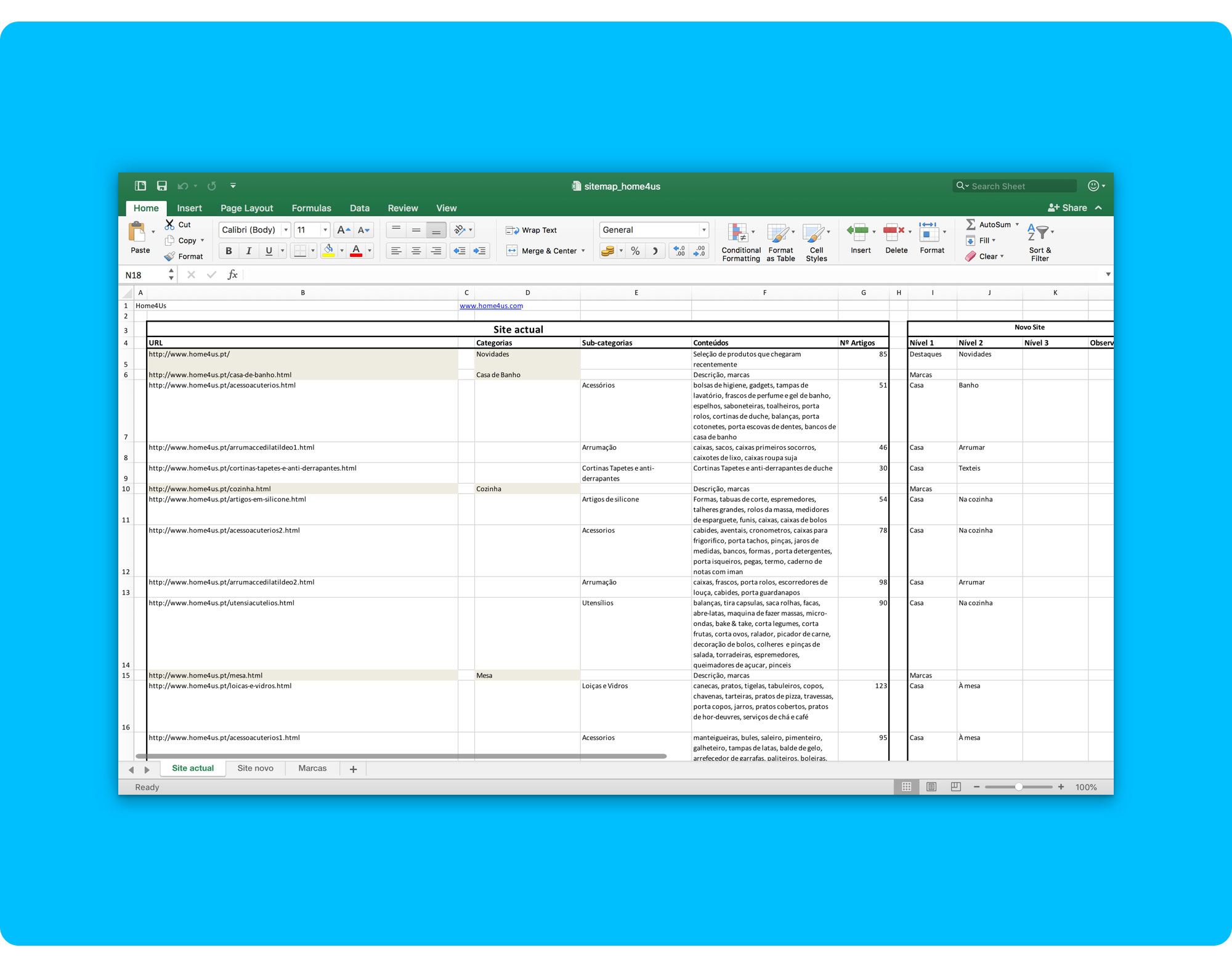 Excel spreadsheet with the old information architecture