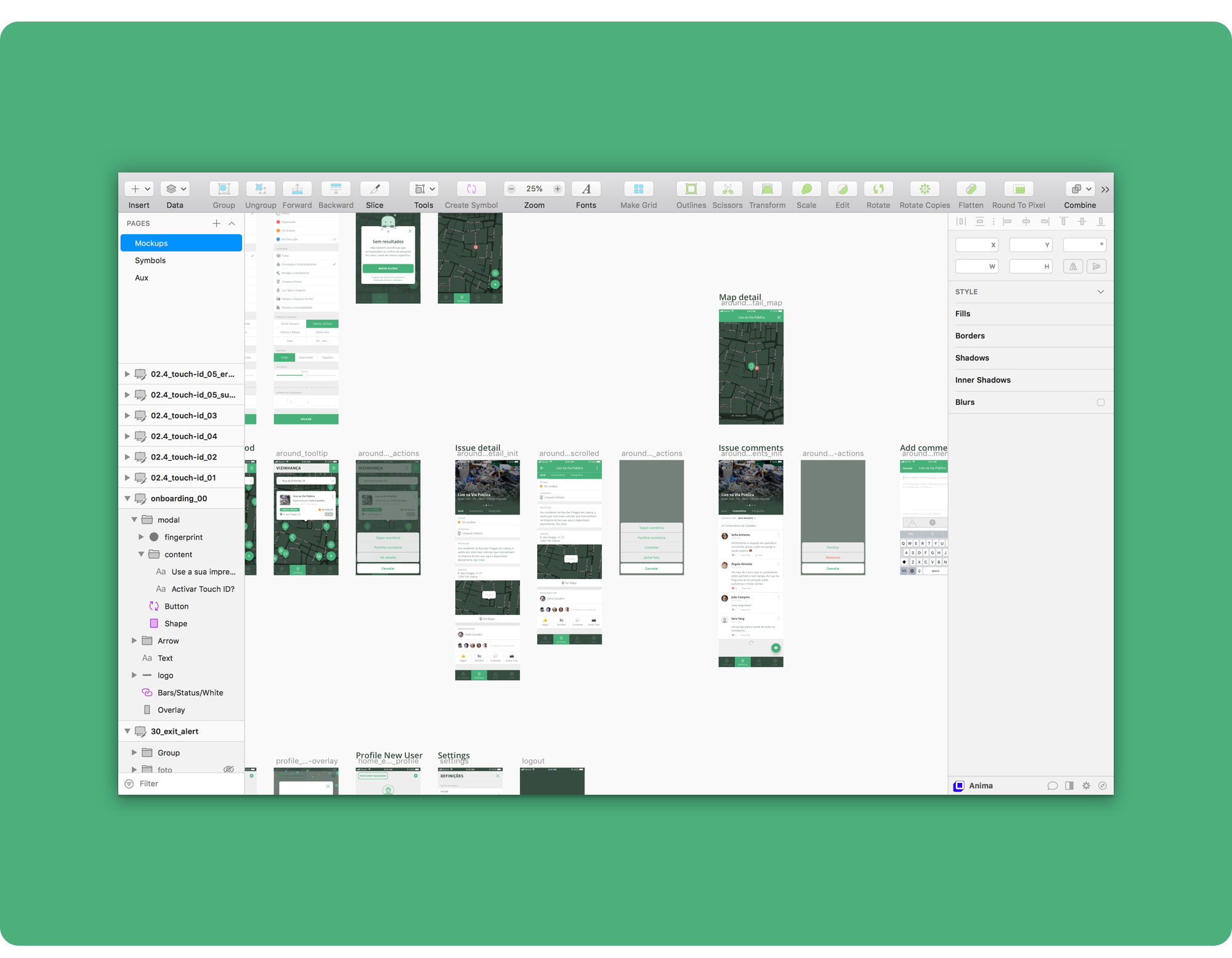 Sketch document showing a couple of Toqcidadão’s app screens