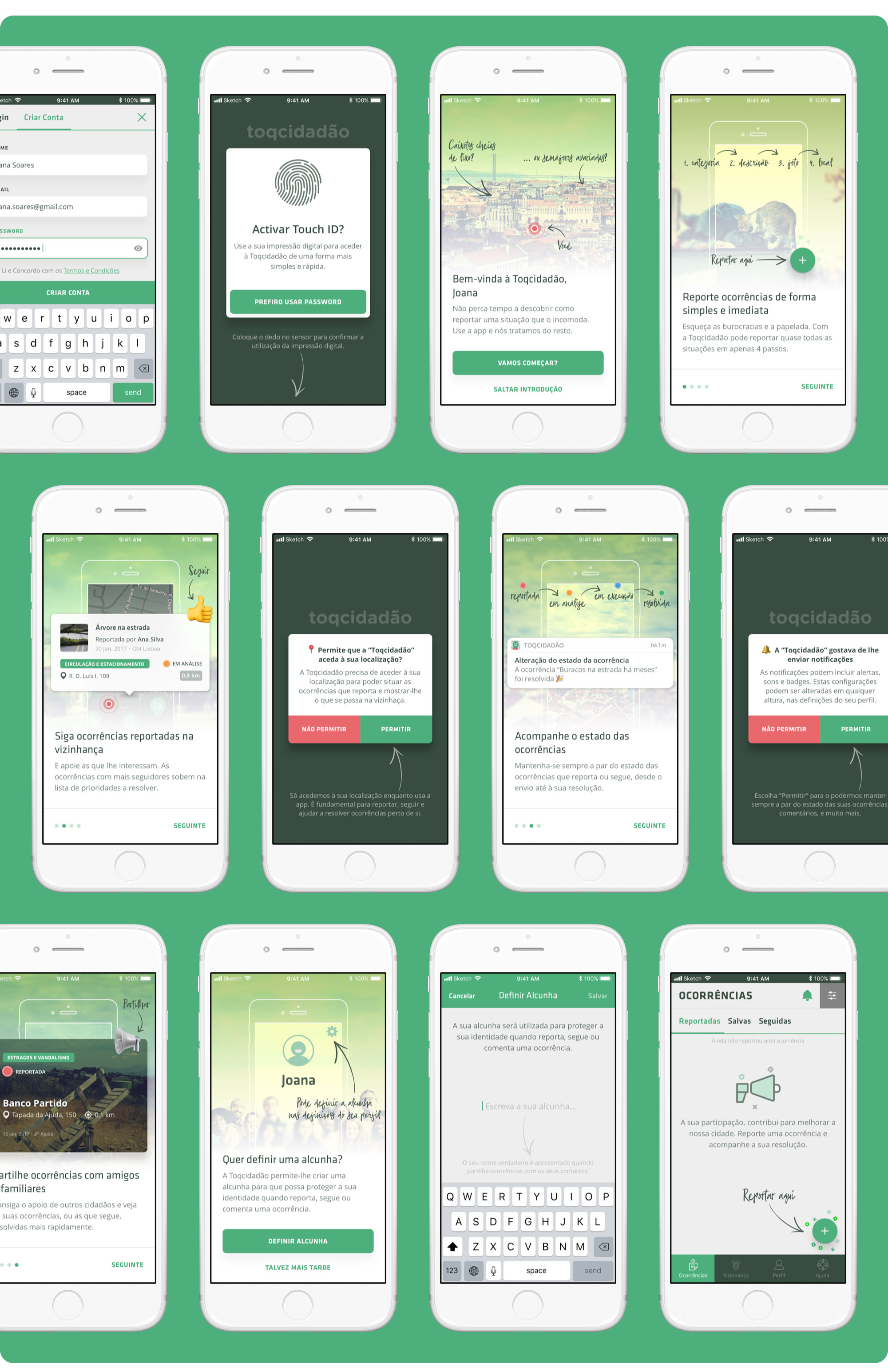 Toqcidadão’s register, onboarding and home screens