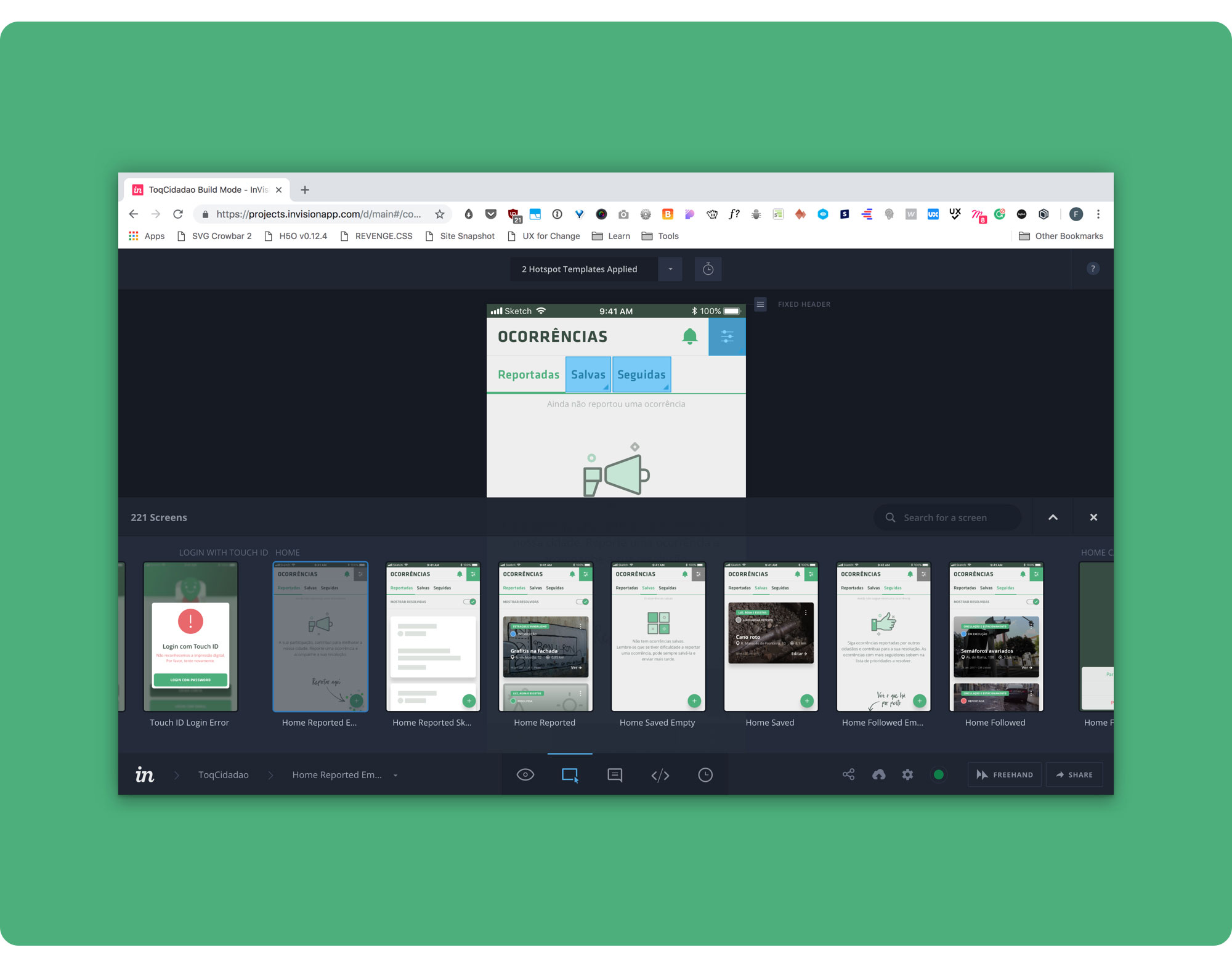 Browser showing the prototype being built with InVision