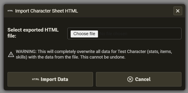 Import HTML sheet dialogue