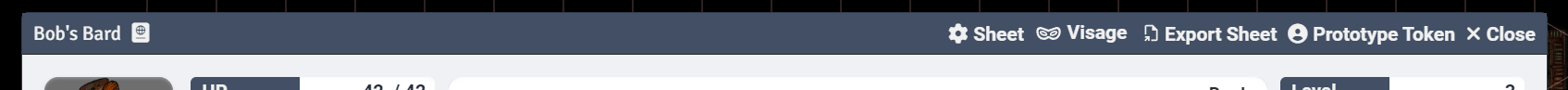 Window header of an actor sheet showing the Export Sheet button