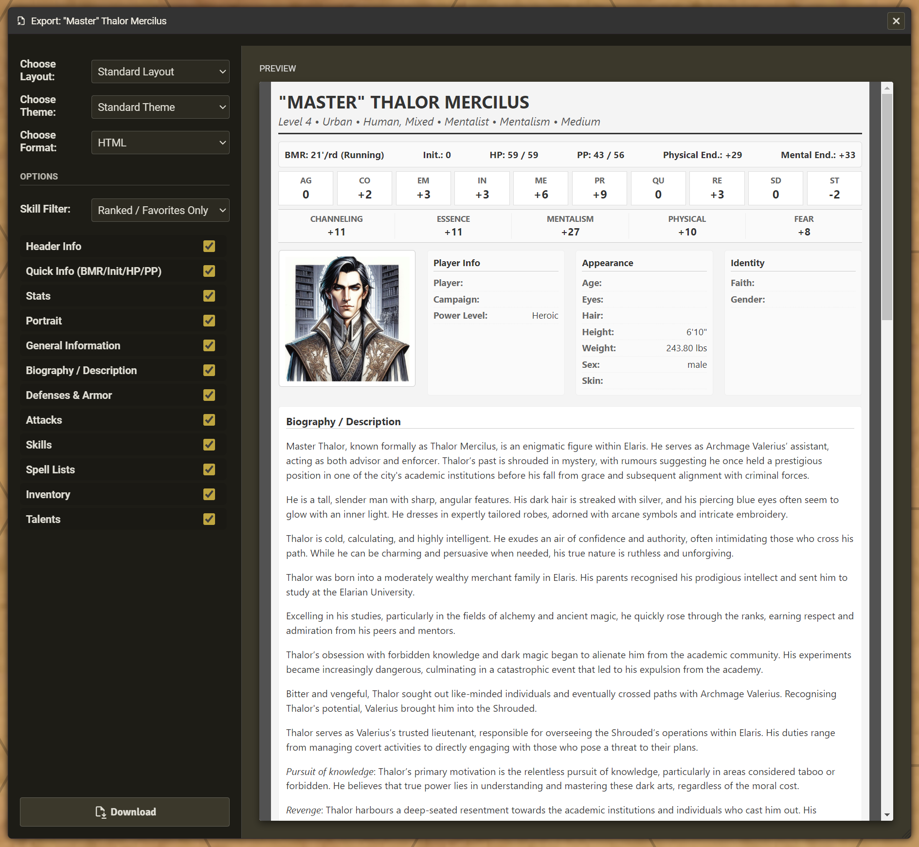 RMU Character Sheet Exporter preview