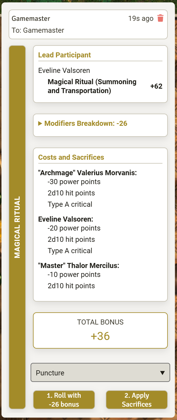 Chat output for Magical Ritual Calculator