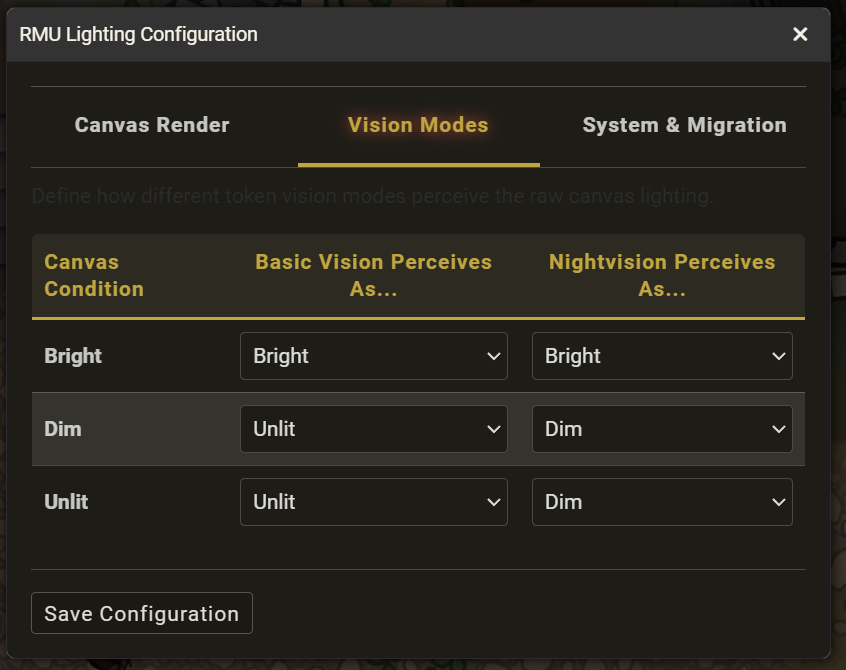 Vision Mode settings