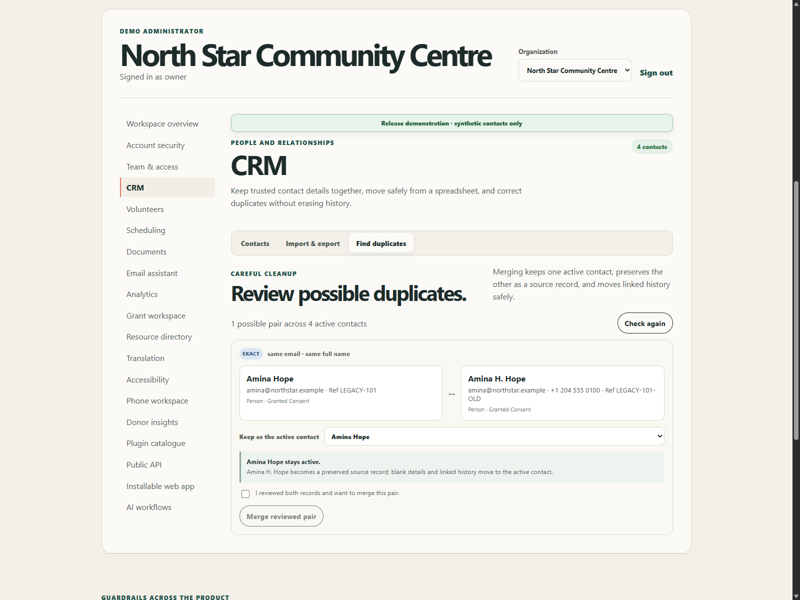 Project Hope source-preserving duplicate review using synthetic records