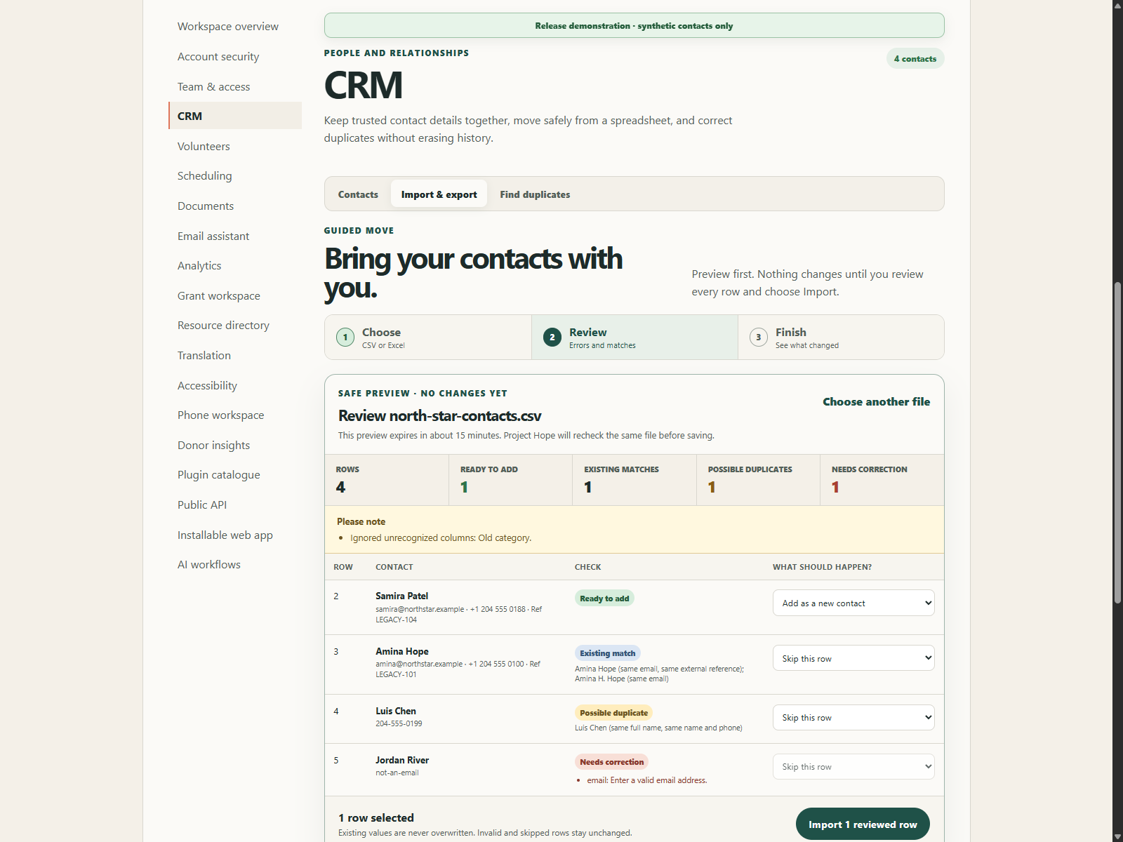 Project Hope guided contact import review using synthetic records