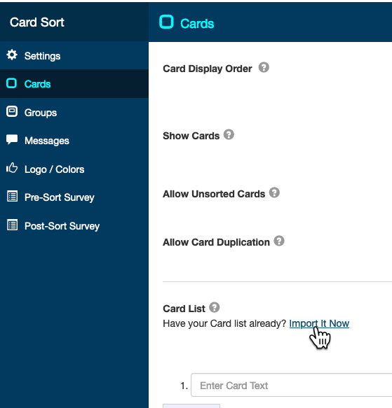 Screenshot of the 'card' options in ProvenByUsers software. The cursor is shown pointing to the 'Import It Now' link in the 'Card List' section