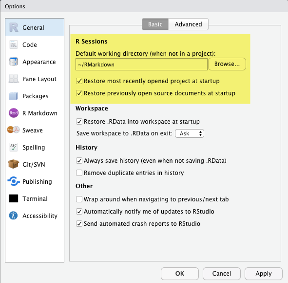 A screenshot showing the General preferences in RStudio. Specifically highlights the working directory